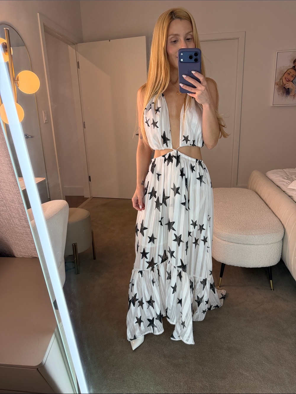 Star-Print White Maxi Dress with Cutouts